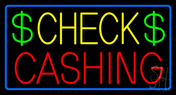 Check Cashing Dollar Logo Blue Border Neon Sign