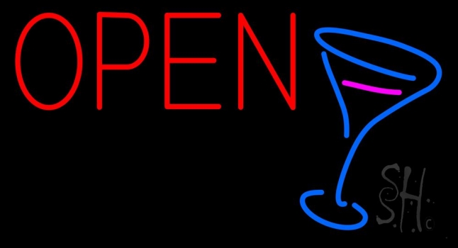 Open With Cocktail Glass Neon Sign