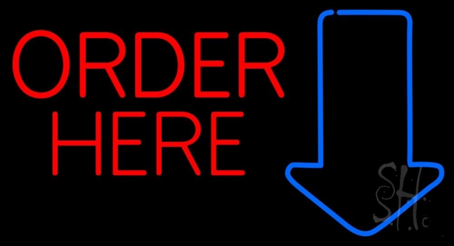 Red Order Here With Arrow Neon Sign