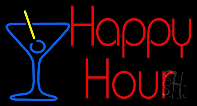 Red Happy Hour With Blue Martini Glass Neon Sign