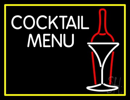 Cocktail Menu With Bottle And Glass Neon Sign