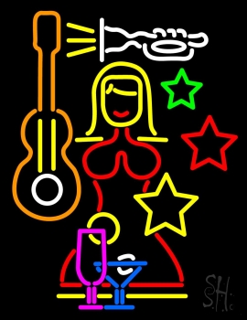 Night Club With Girl Guitar Wine Glasses Neon Sign