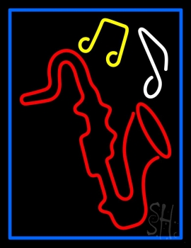 Saxophone With Musical Notes Blue Border Neon Sign