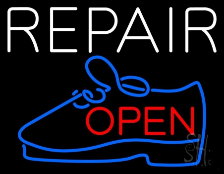 White Repair Blue Shoe Open Neon Sign