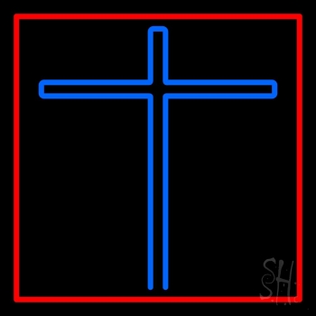 Blue Christian Cross Red Border Neon Sign