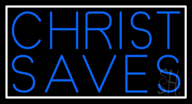 Blue Christ Saves Neon Sign
