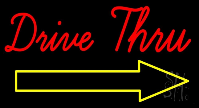 Red Double Stroke Drive Thru With Yellow Arrow Neon Sign