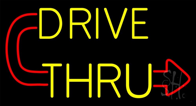 Red Drive Thru With Curved Arrow Neon Sign