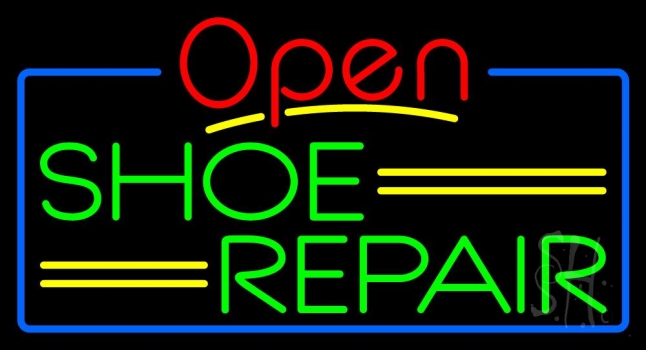 Green Shoe Repair Open With Blue Border Neon Sign