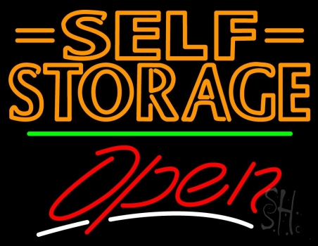 Orange Self Storage Block With Open 3 Neon Sign