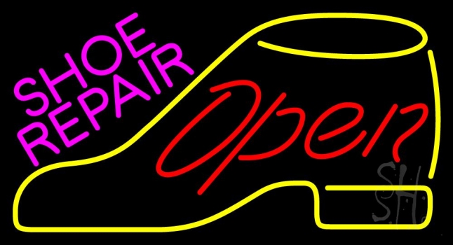 Pink Shoe Repair Yellow Shoe Open Neon Sign