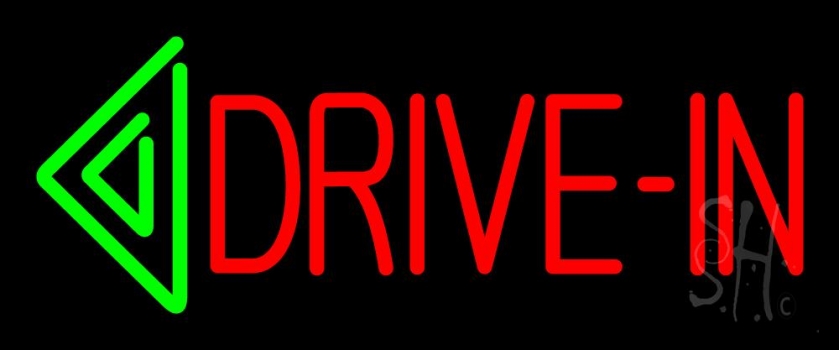 Red Drive In Green Arrow Block Neon Sign