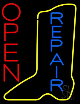 Vertical Yellow Shoe Blue Repair Open Neon Sign