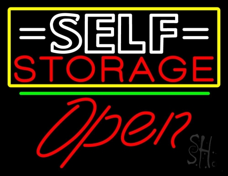 White Self Storage Block With Open 2 Neon Sign