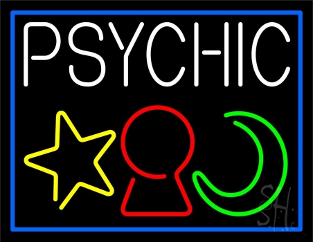 White Psychic With Logo Blue Border Neon Sign