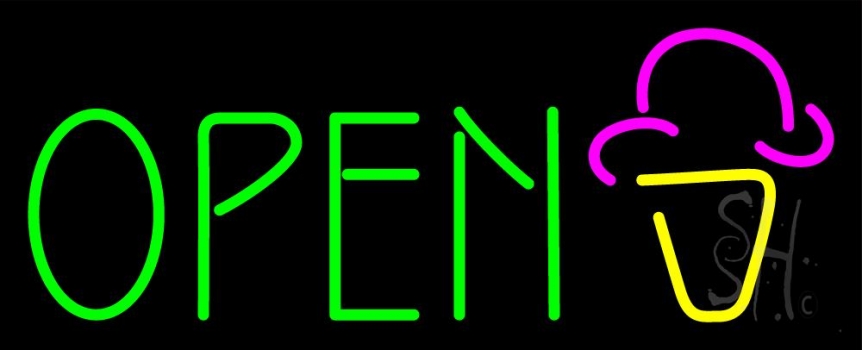 Green Open Ice Cream Cone Neon Sign
