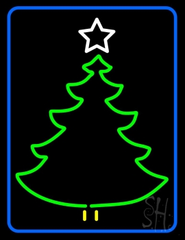 Blue Border Green Christmas Tree Logo Neon Sign