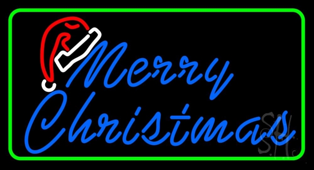 Green Border Merry Christams With Hat Neon Sign
