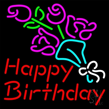 Happy Birthday With Flowers Neon Sign