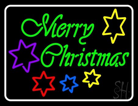 White Border Green Merry Christmas With Stars Neon Sign
