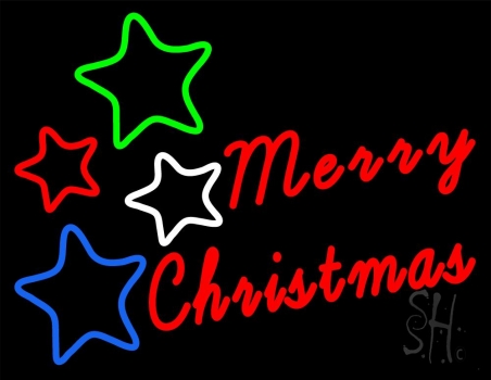 Red Merry Christmas With Stars Neon Sign
