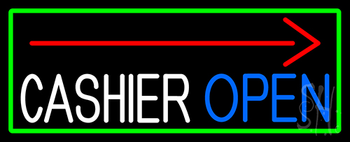 Arrow Cashier Open With Green Border Neon Sign