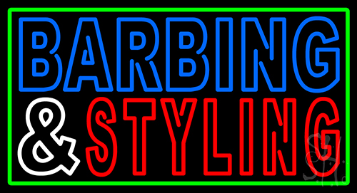 Barbering And Styling With Green Border Neon Sign
