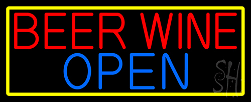 Beer Wine Open With Yellow Border Neon Sign