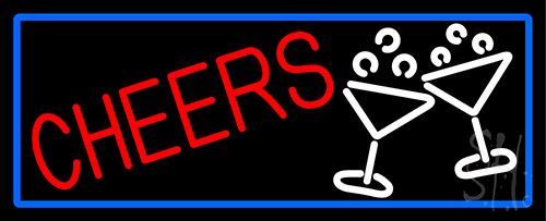 Cheers And Wine Glass With Blue Border Neon Sign