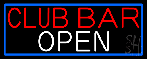 Club Bar Open With Blue Border Neon Sign