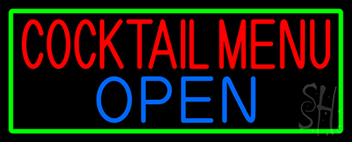 Cocktail Menu Open With Green Border Neon Sign