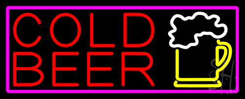 Cold Beer And Beer Mug With Pink Border Neon Sign
