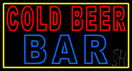 Cold Beer Bar With Yellow Border Neon Sign