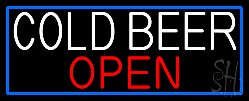 Cold Beer Open With Blue Border Neon Sign