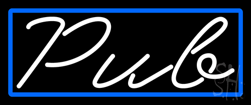 Cursive Pub With Blue Border Neon Sign