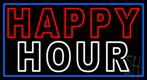Double Stroke Happy Hour With Blue Border Neon Sign