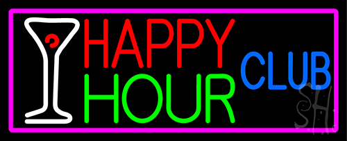Happy Hour Club With Pink Border Neon Sign