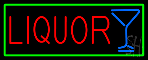 Liquor And Martini Glass With Green Border Neon Sign