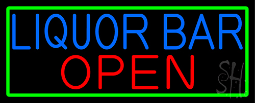 Liquor Bar Open With Green Border Neon Sign
