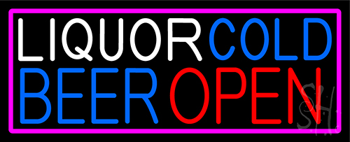 Liquors Cold Beer Open With Pink Border Neon Sign