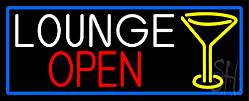 Lounge And Martini Glass Open With Blue Border Neon Sign