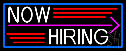 Now Hiring And Arrow With Blue Border Neon Sign