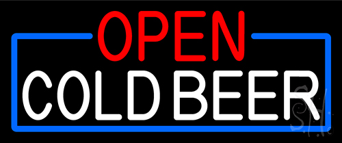 Open Cold Beer With Blue Border Neon Sign