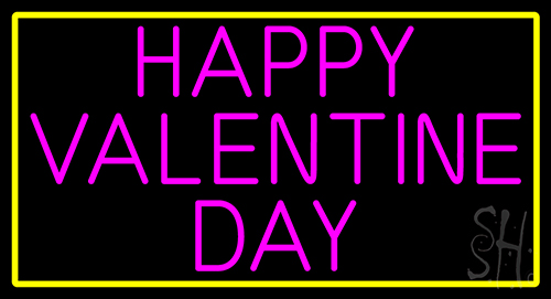 Pink Happy Valentines Day With Yellow Border Neon Sign