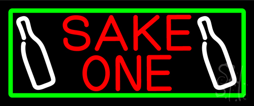 Sake One And Bottle With Green Border Neon Sign