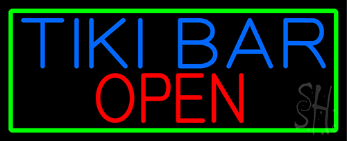 Tiki Bar Open With Green Border Neon Sign