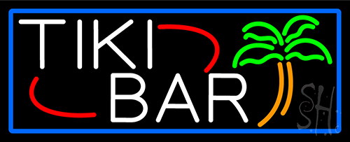 Tiki Bar Palm Tree With Blue Border Neon Sign