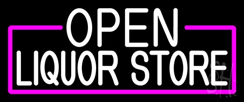 White Open Liquor Store With Pink Border Neon Sign