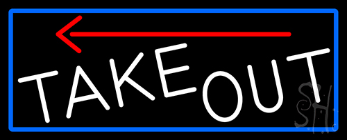 White Take Out And Arrow With Blue Border Neon Sign