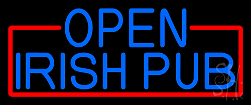 Blue Open Irish Pub With Red Border Neon Sign